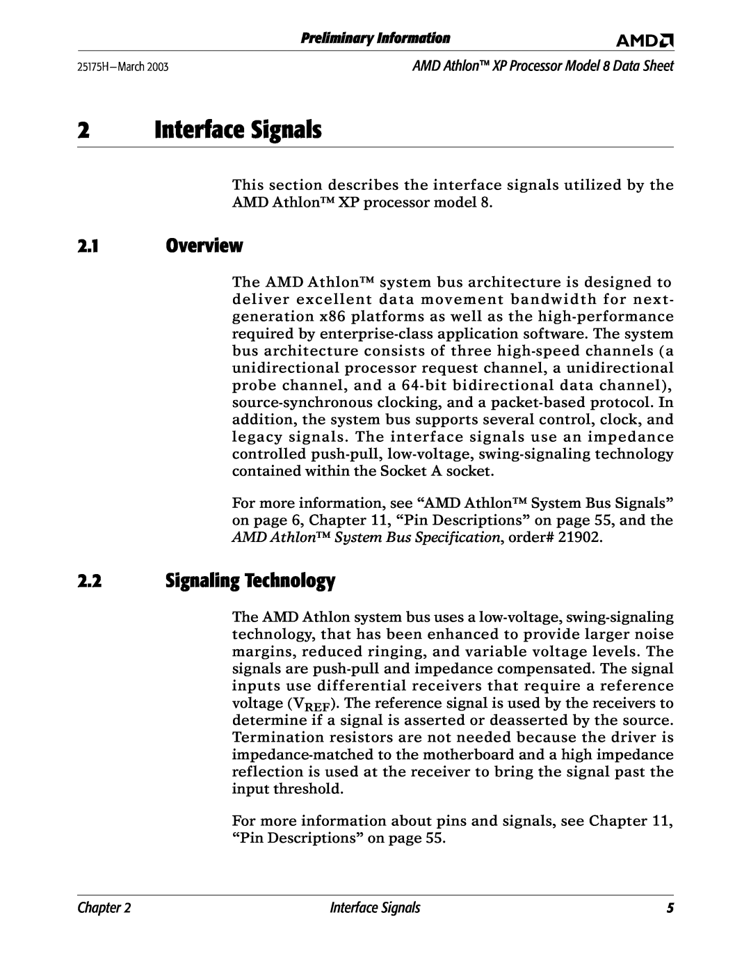 AMD 8 manual Interface Signals, Overview, Signaling Technology, Preliminary Information, Chapter 