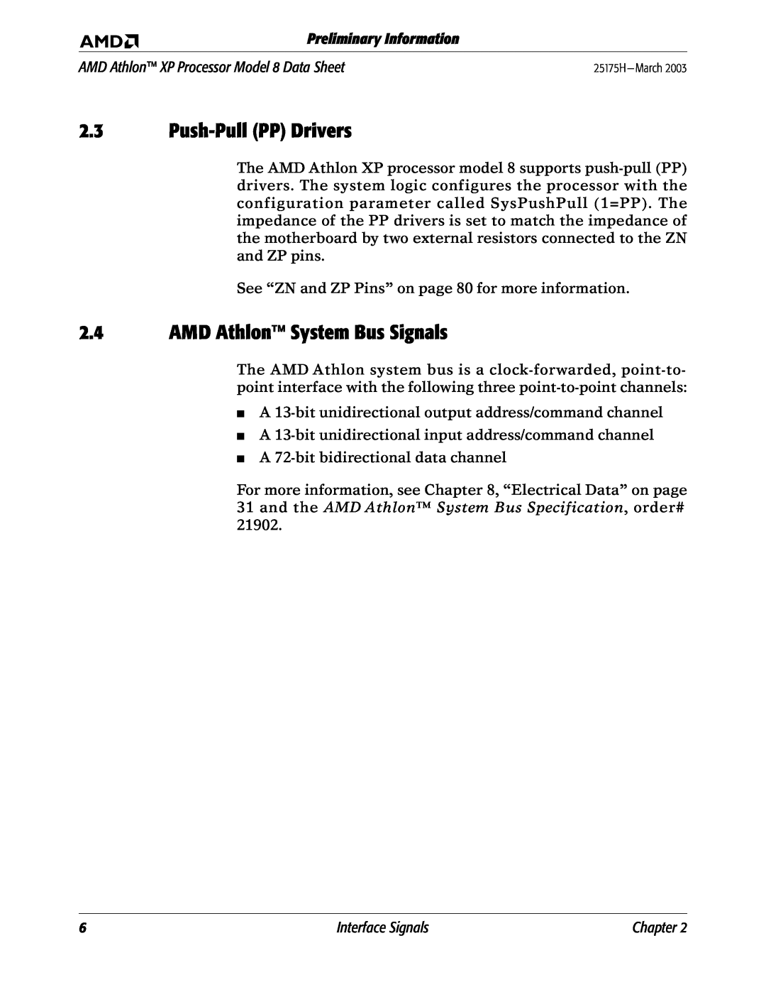AMD 8 manual Push-Pull PP Drivers, AMD Athlon System Bus Signals, Preliminary Information, Interface Signals 