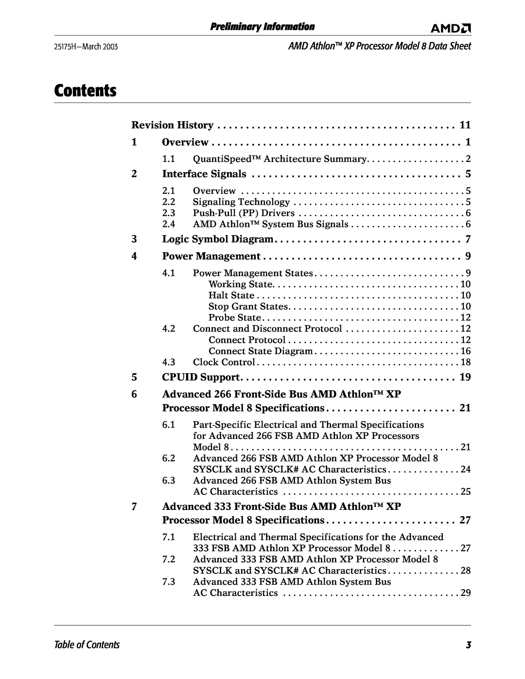 AMD 8 manual Revision History 1 Overview, Interface Signals, Logic Symbol Diagram 4 Power Management, Table of Contents 