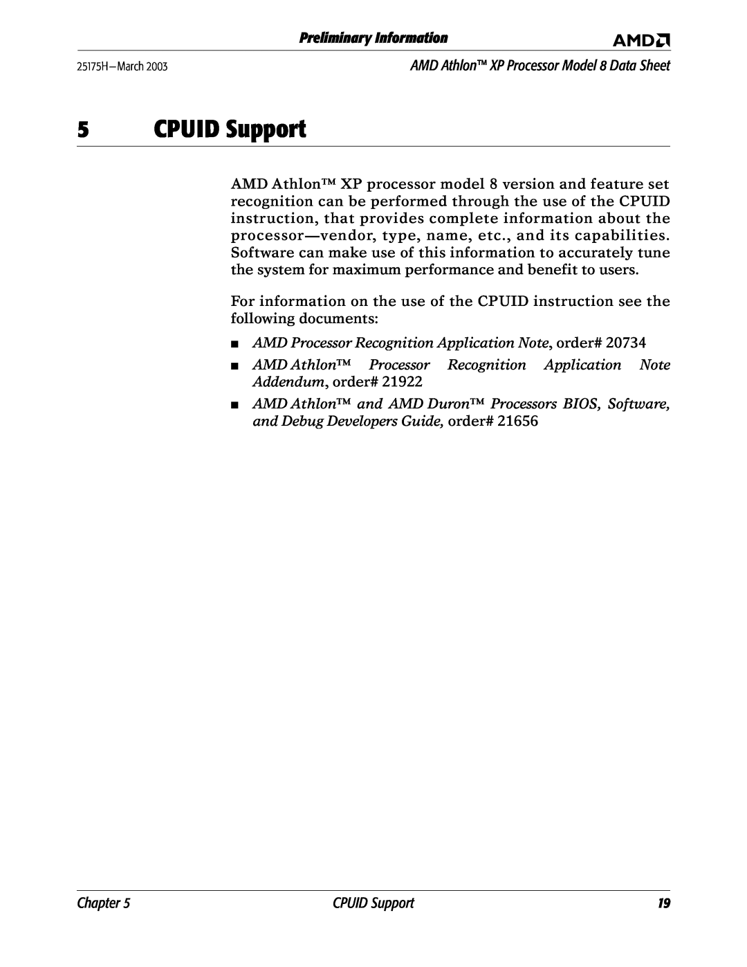 AMD 8 manual CPUID Support, AMD Processor Recognition Application Note, order#, Preliminary Information, Chapter 