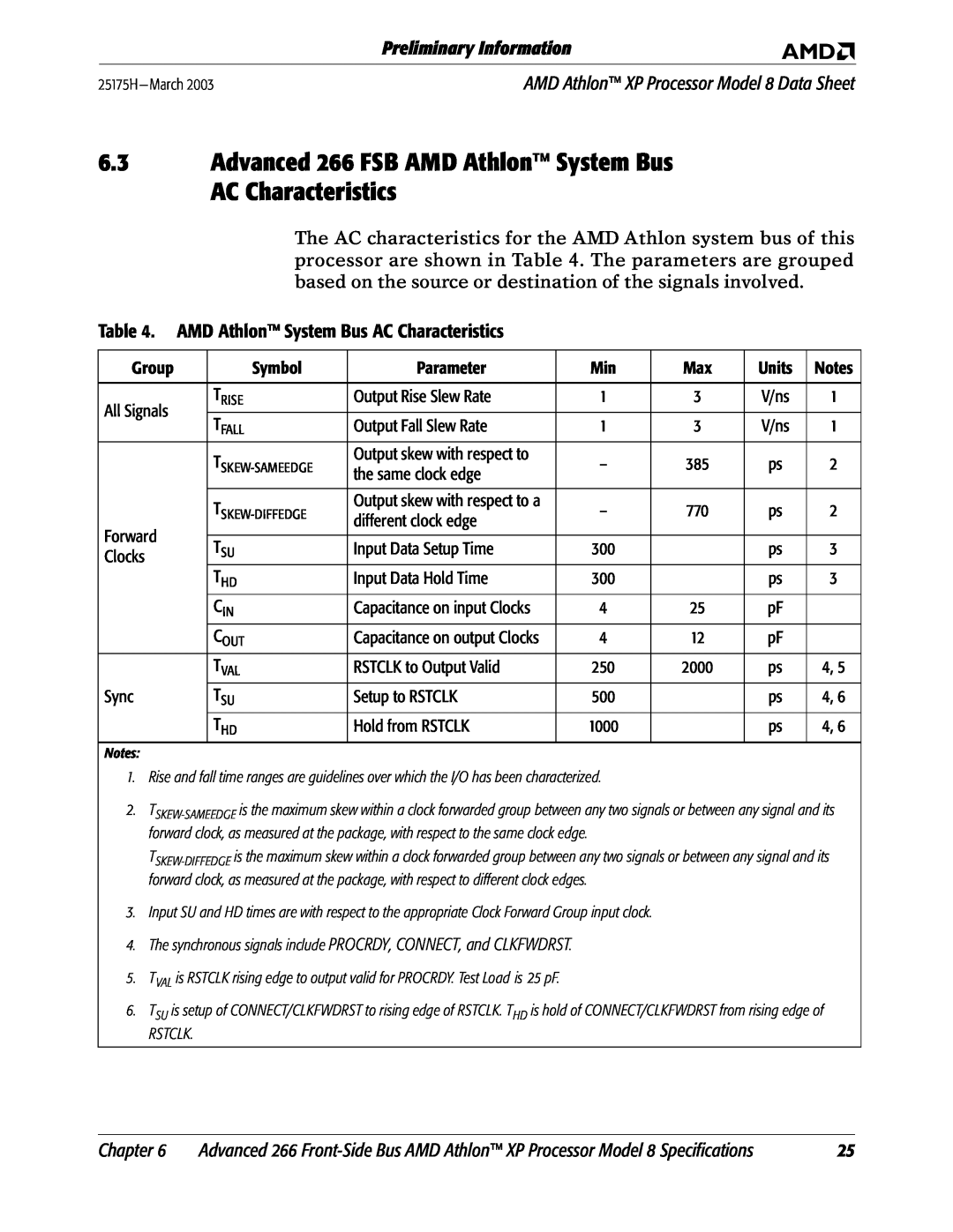 AMD 8 manual Advanced 266 FSB AMD Athlon System Bus AC Characteristics, Preliminary Information, Chapter 