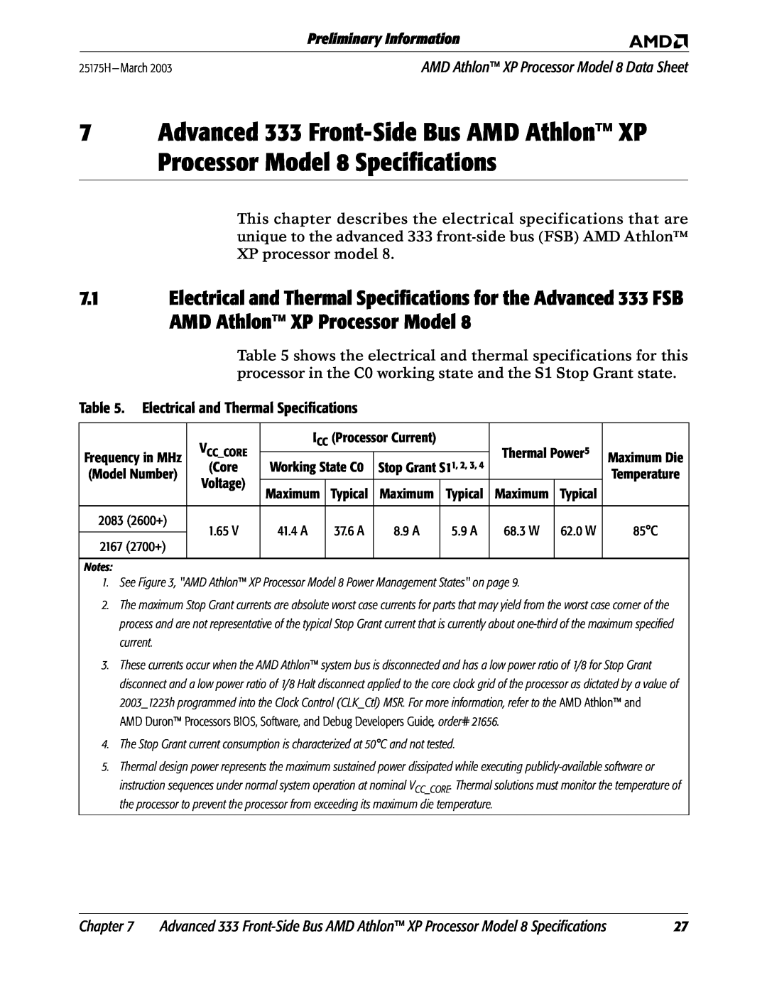 AMD 8 manual Electrical and Thermal Specifications, Preliminary Information, Chapter, 62.0 W 