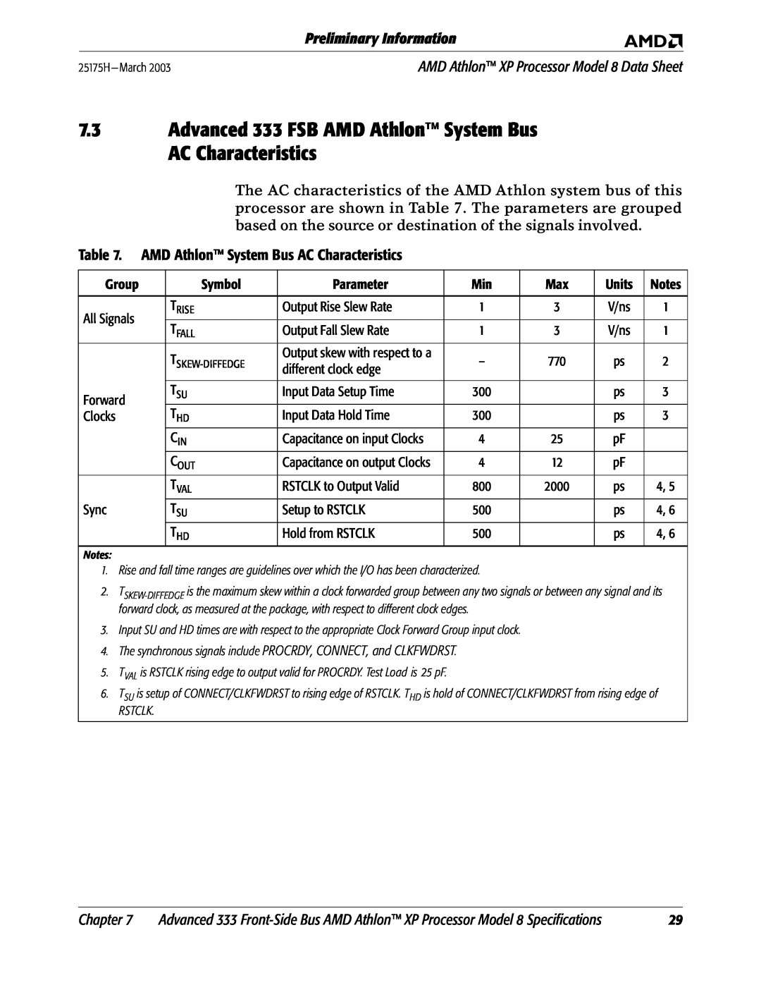 AMD 8 manual Advanced 333 FSB AMD Athlon System Bus AC Characteristics, Preliminary Information, Chapter 