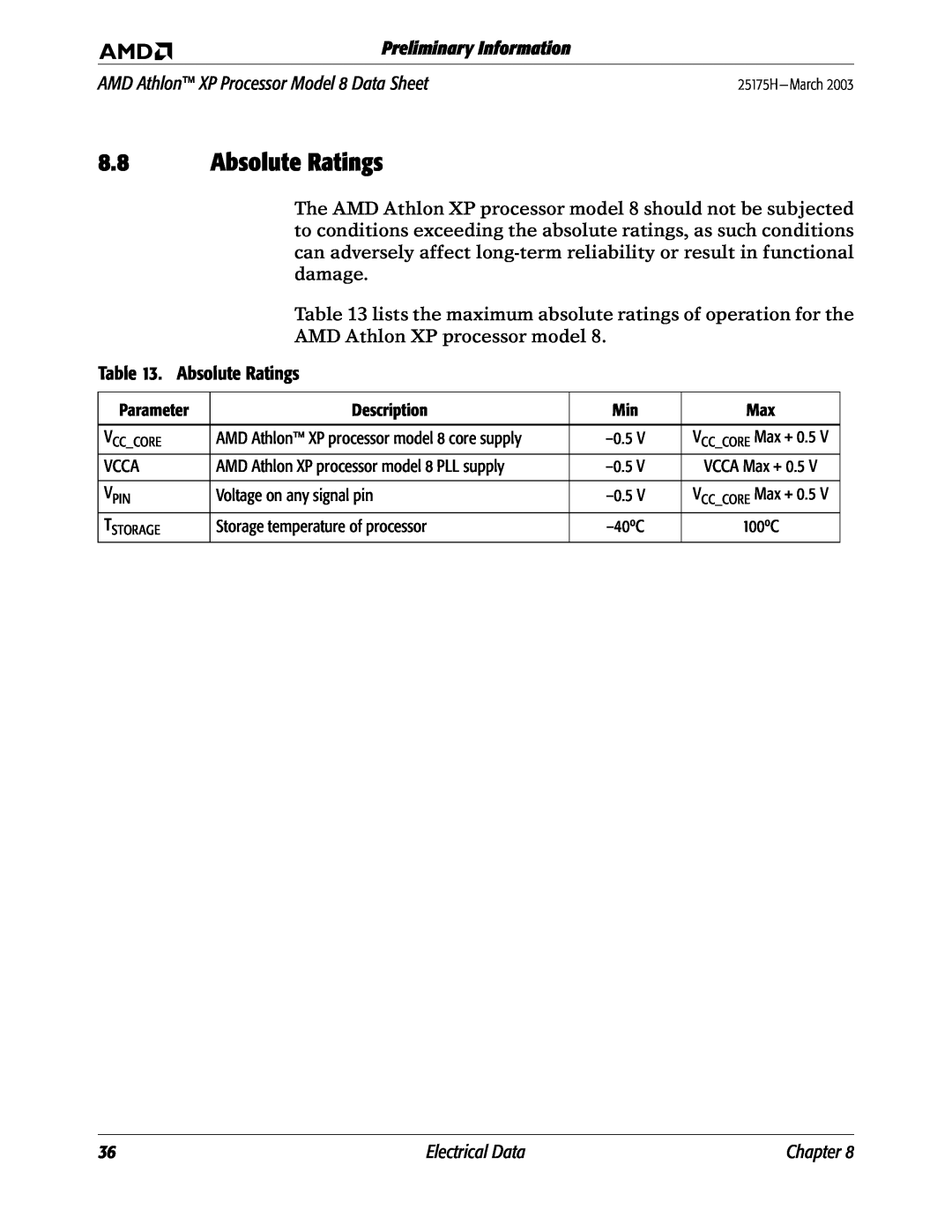 AMD manual Absolute Ratings, Preliminary Information, AMD Athlon XP Processor Model 8 Data Sheet, Electrical Data 