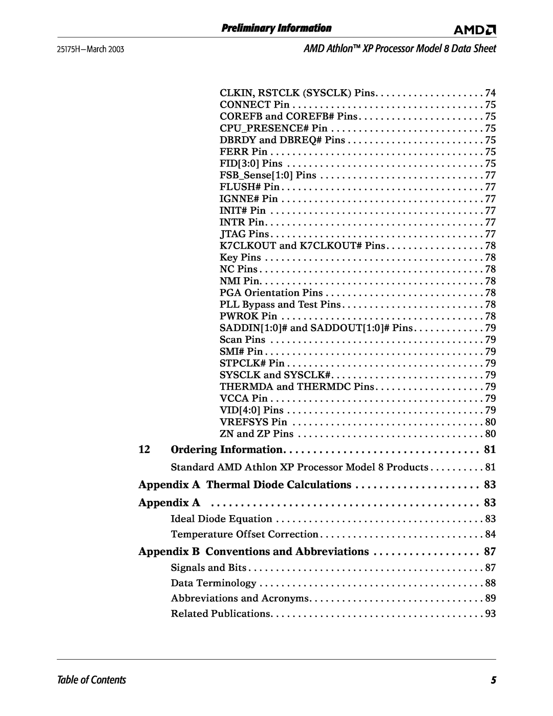 AMD 8 manual Ordering Information, Appendix B Conventions and Abbreviations, Preliminary Information, Table of Contents 