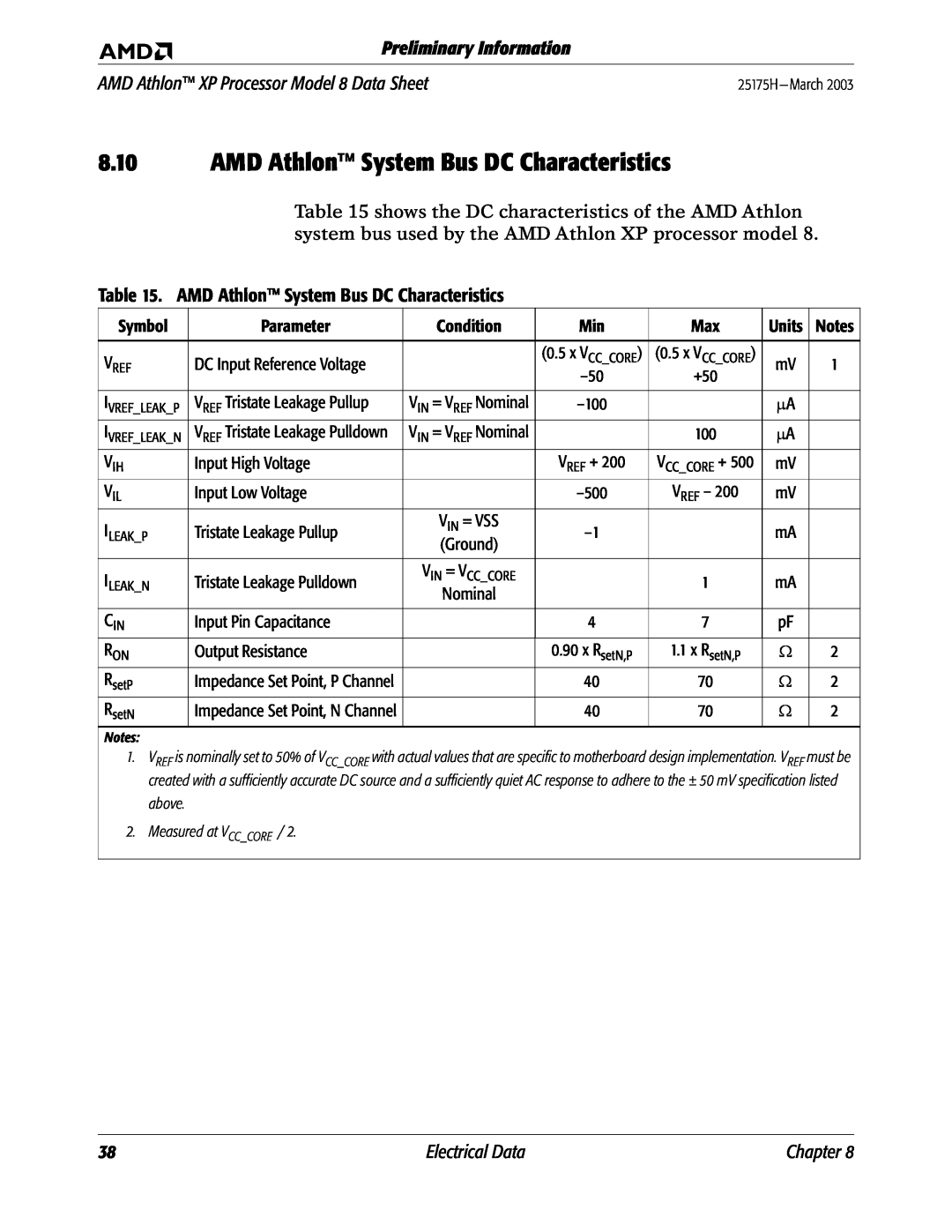 AMD manual AMD Athlon System Bus DC Characteristics, Preliminary Information, AMD Athlon XP Processor Model 8 Data Sheet 