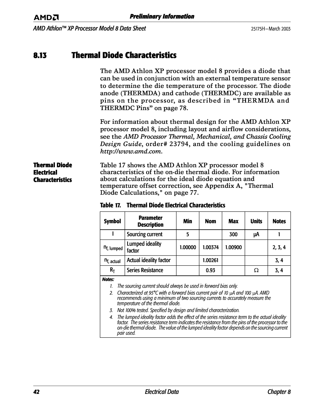 AMD Thermal Diode Characteristics, Preliminary Information, AMD Athlon XP Processor Model 8 Data Sheet, Electrical Data 