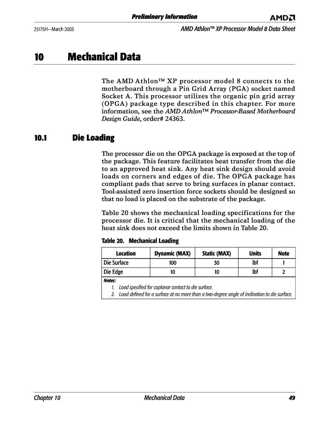 AMD 8 manual Mechanical Data, Die Loading, Preliminary Information, Chapter 