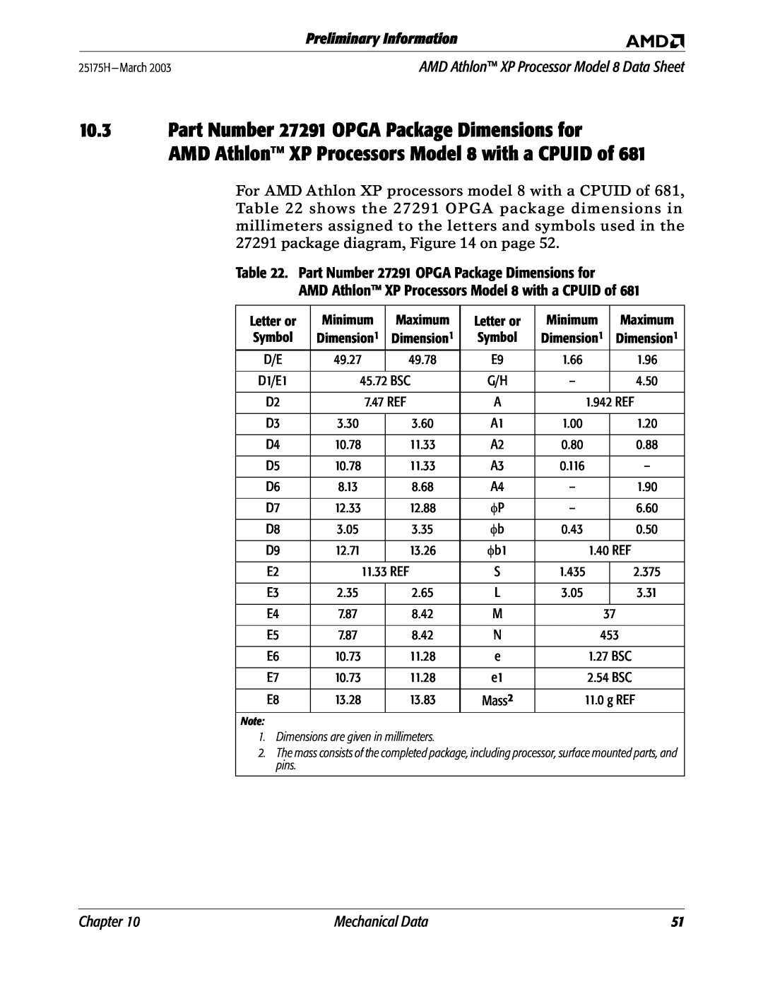 AMD manual Part Number 27291 OPGA Package Dimensions for, AMD Athlon XP Processors Model 8 with a CPUID of, Chapter 