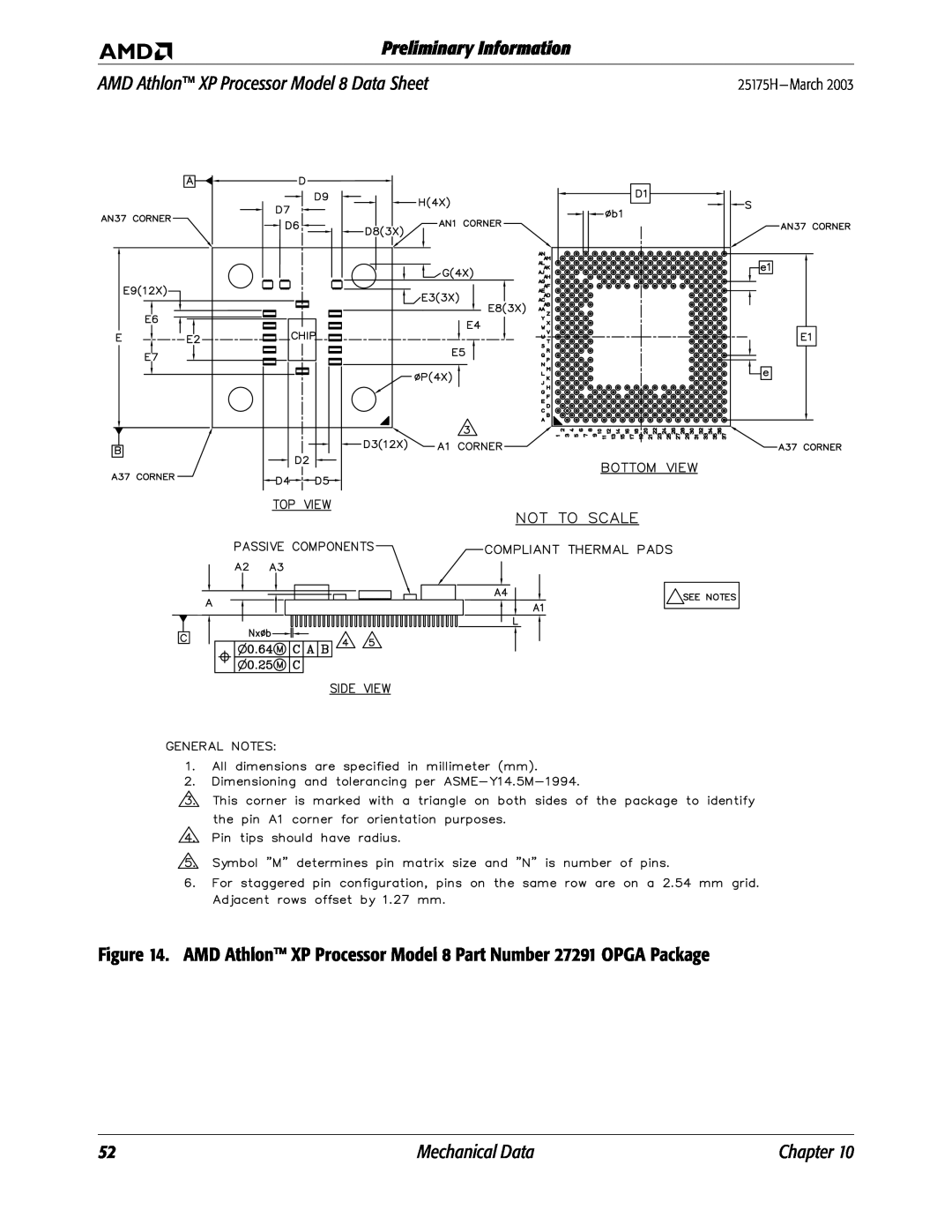 AMD manual Preliminary Information, AMD Athlon XP Processor Model 8 Data Sheet, Mechanical Data, Chapter, 25175H- March 