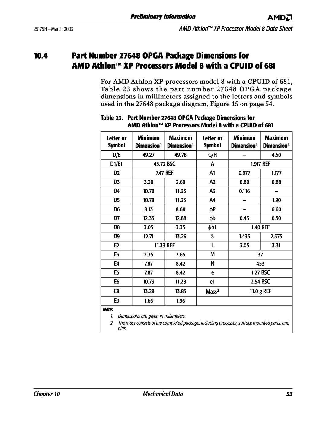AMD manual Part Number 27648 OPGA Package Dimensions for, AMD Athlon XP Processors Model 8 with a CPUID of, Chapter 