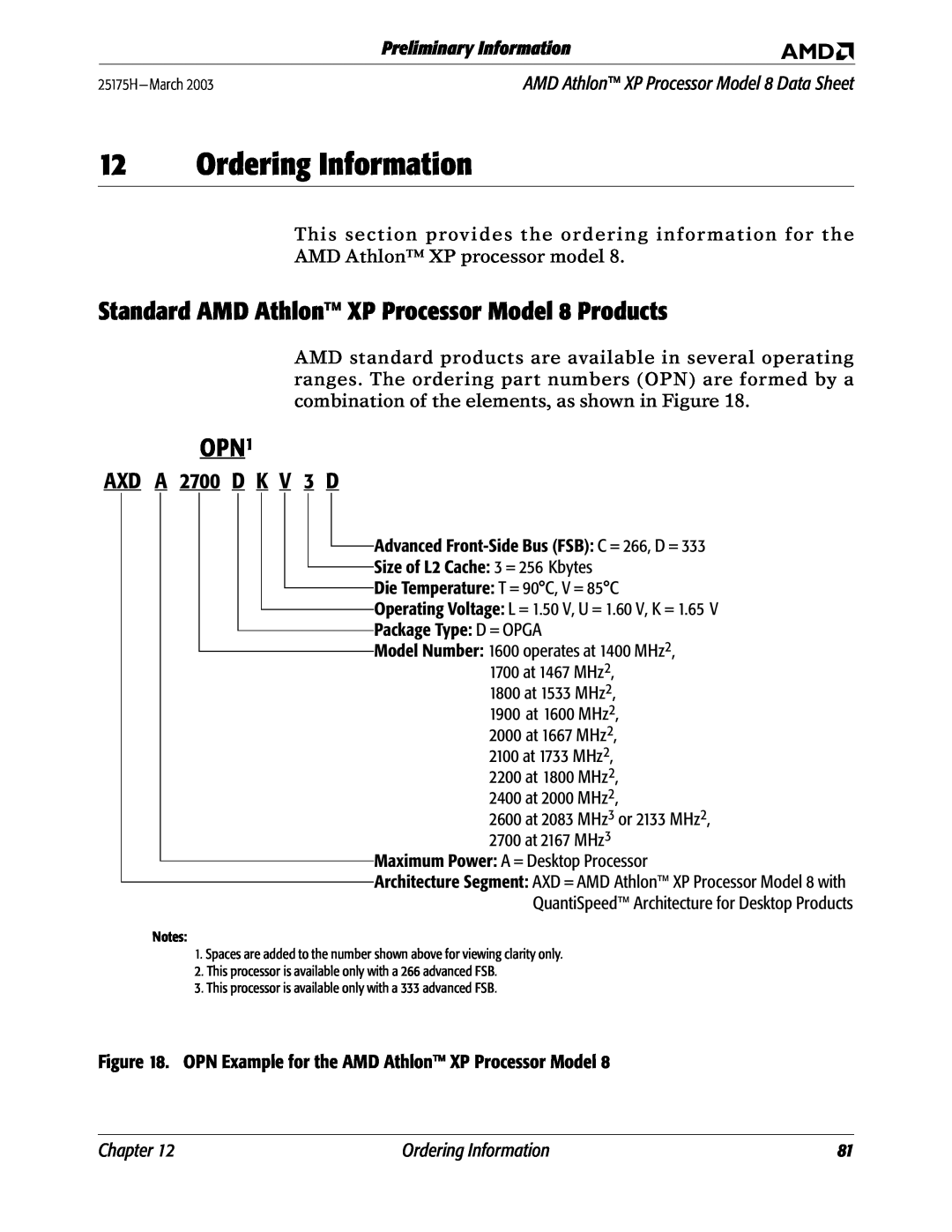 AMD manual Ordering Information, Standard AMD Athlon XP Processor Model 8 Products, OPN1, AXD A 2700 D K V 3 D, Chapter 