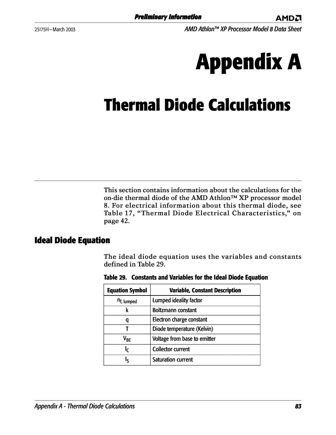 AMD 8 manual Ideal Diode Equation, Appendix A - Thermal Diode Calculations, Preliminary Information 