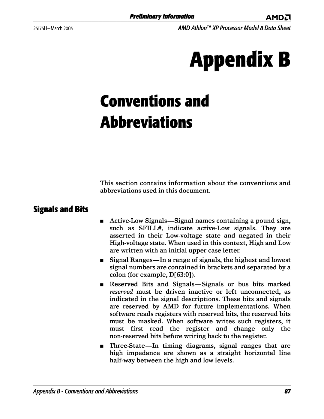 AMD 8 manual Signals and Bits, Appendix B - Conventions and Abbreviations, Preliminary Information 