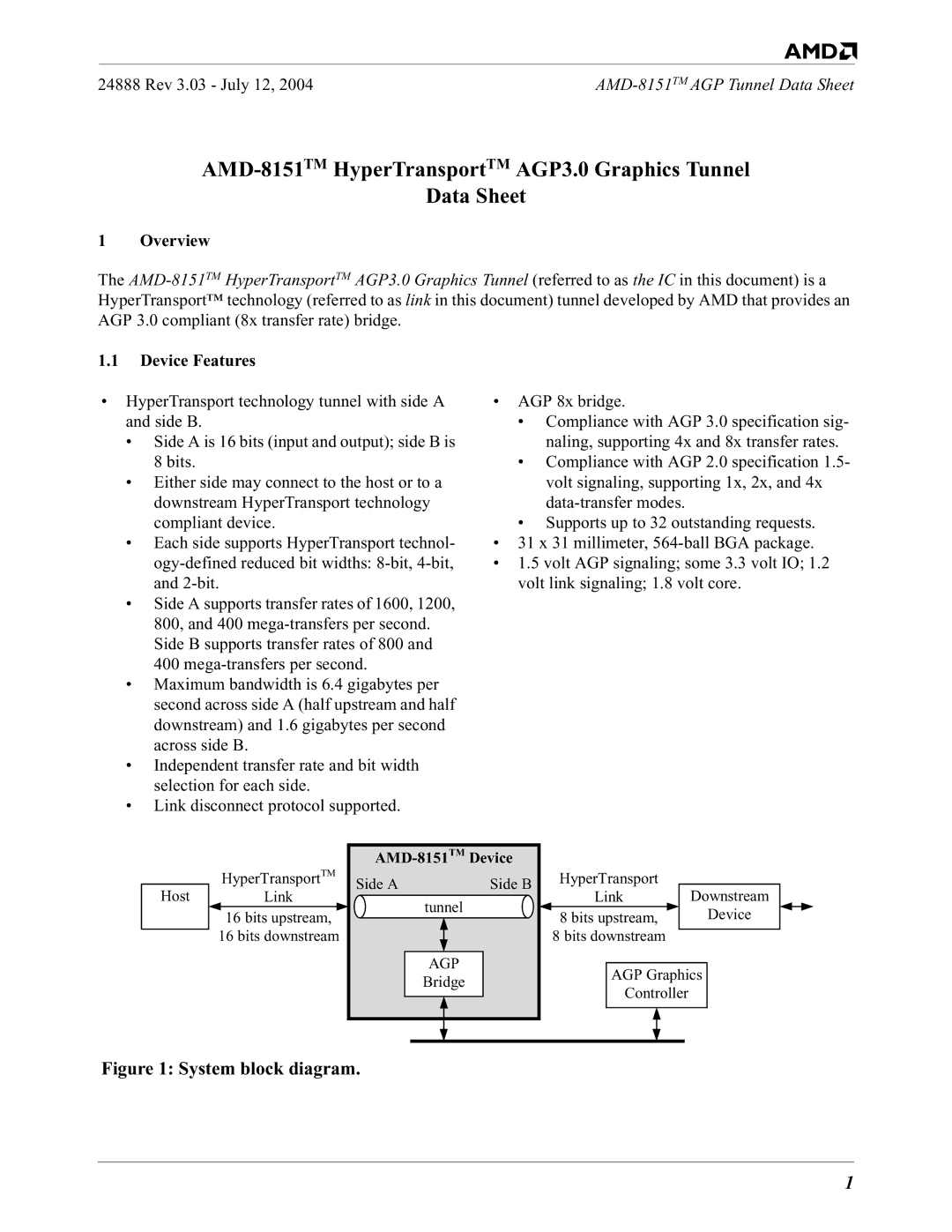 AMD specifications Overview, Device Features, Cover, AMD-8151TMDevice 