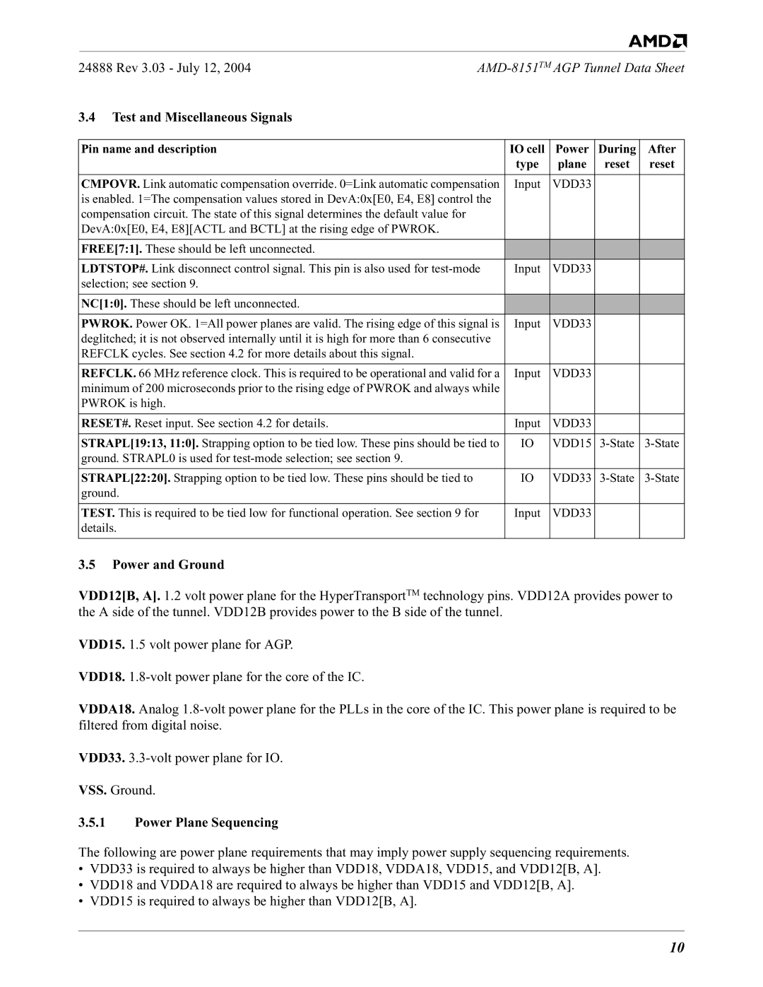 AMD 8151 specifications Test and Miscellaneous Signals, Power and Ground, Power Plane Sequencing 