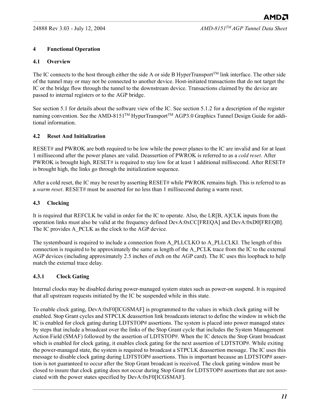 AMD 8151 specifications Functional Operation Overview, Reset And Initialization, Clocking, Clock Gating 