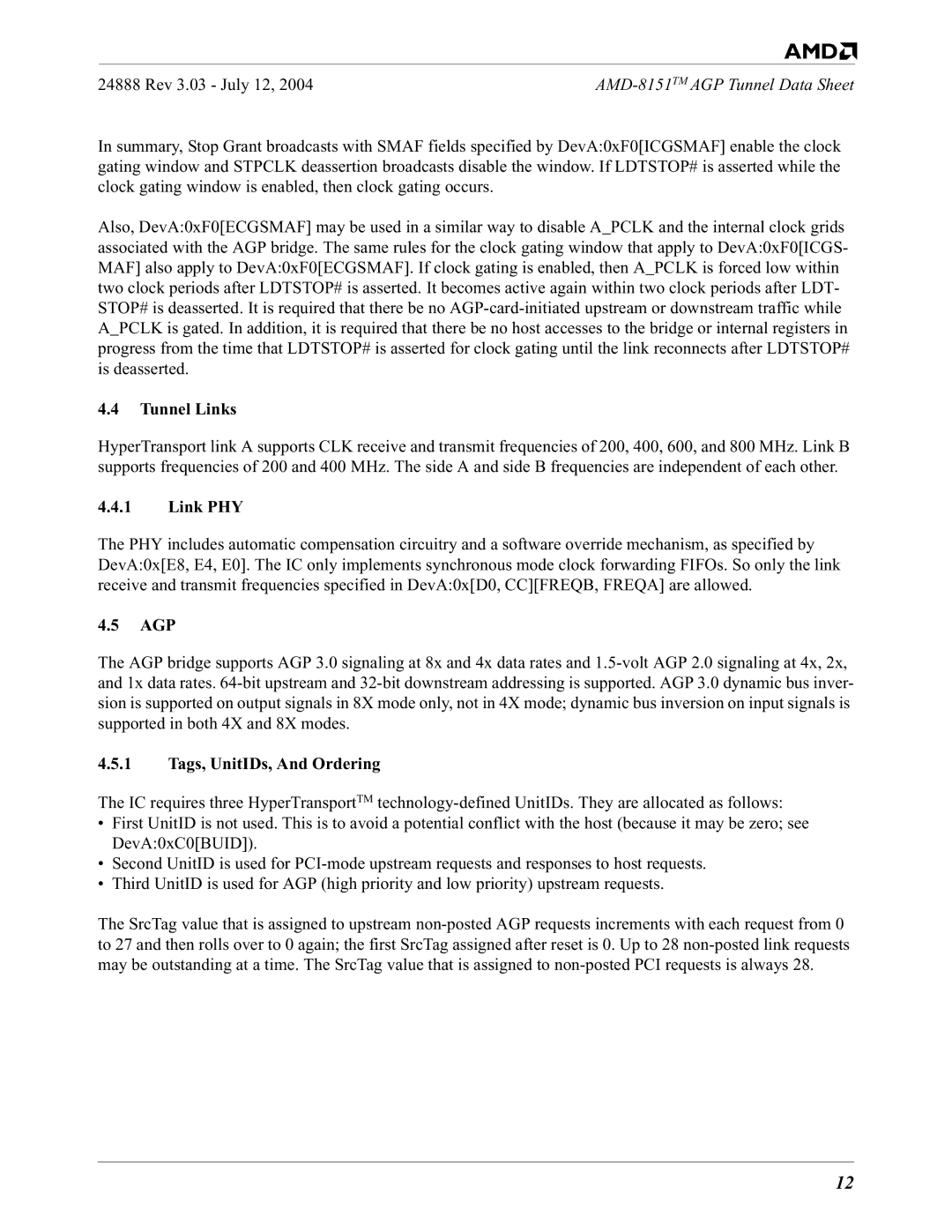 AMD 8151 specifications Tunnel Links, Link PHY, Agp, Tags, UnitIDs, And Ordering 