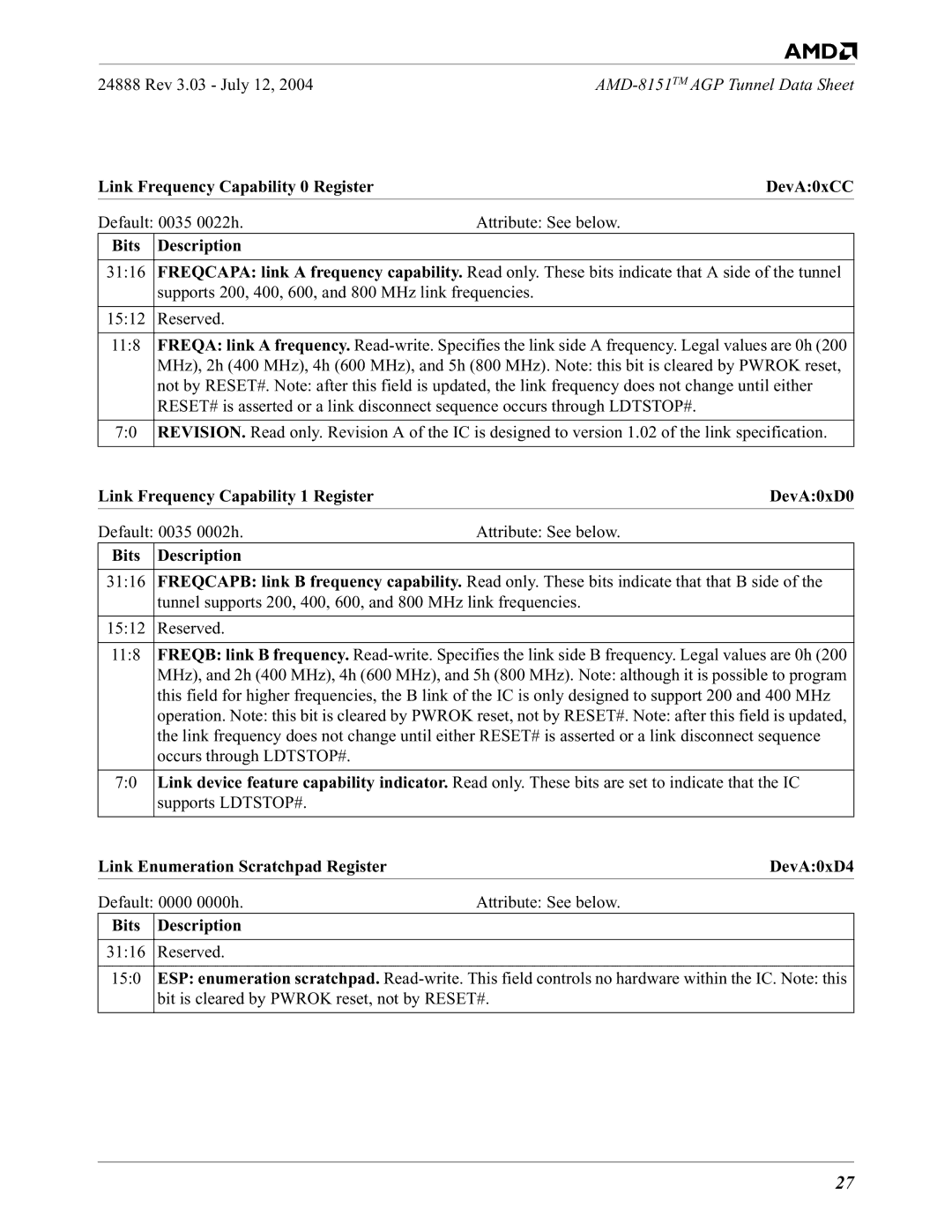 AMD 8151 specifications Link Frequency Capability 0 Register DevA0xCC, Link Frequency Capability 1 Register DevA0xD0 