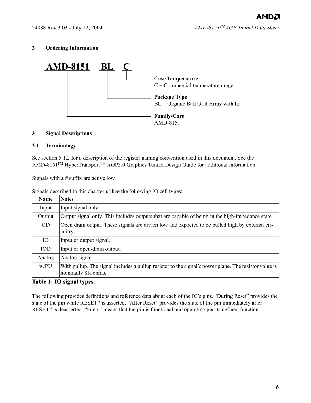 AMD 8151 specifications IO signal types 