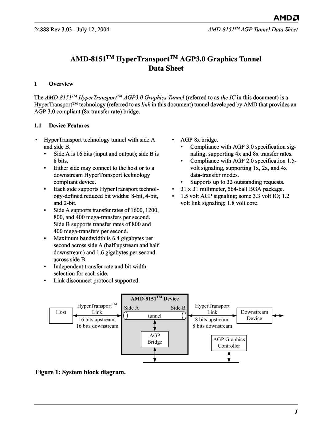 AMD 8151 specifications Data Sheet, System block diagram, Rev 3.03 - July, 1Overview, 1.1Device Features 