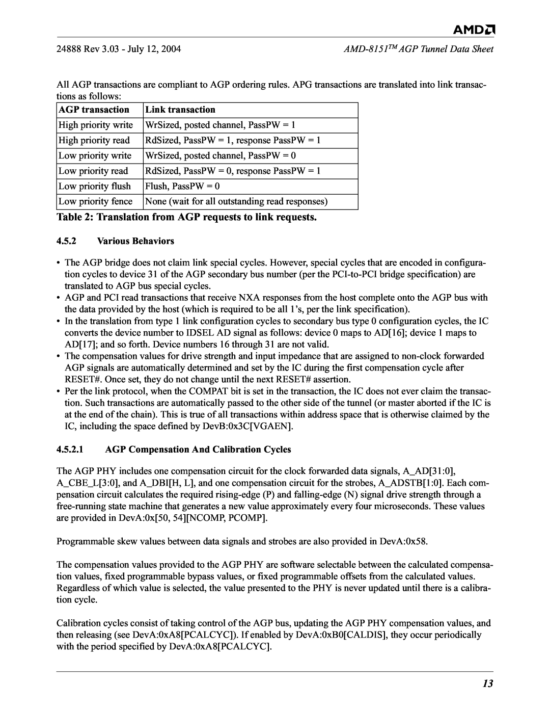 AMD 8151 specifications Rev 3.03 - July, AGP transaction, Link transaction, 4.5.2Various Behaviors 