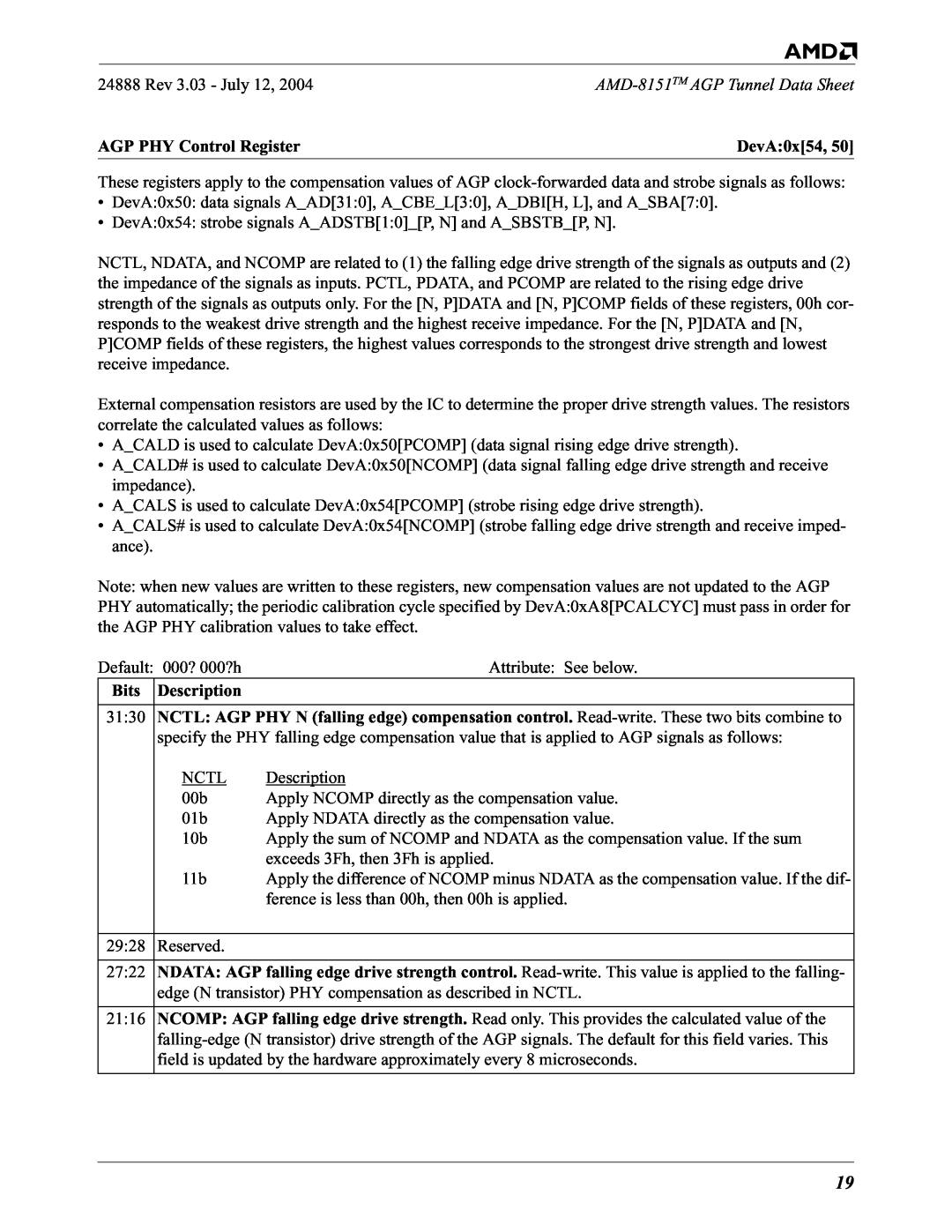 AMD 8151 specifications Rev 3.03 - July, AGP PHY Control Register, DevA, Description 