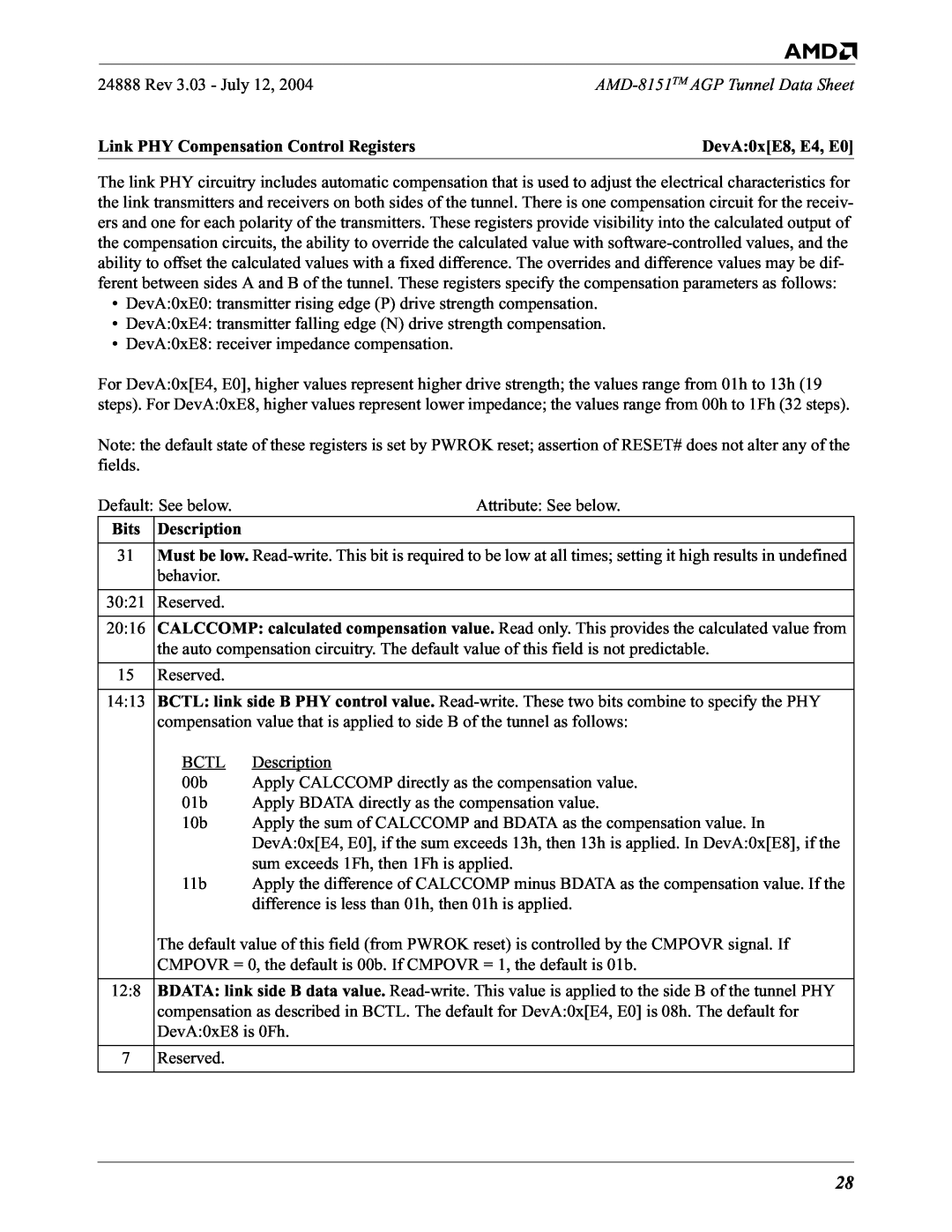 AMD 8151 specifications Rev 3.03 - July, Link PHY Compensation Control Registers, DevA 0xE8, E4, E0, Bits, Description 