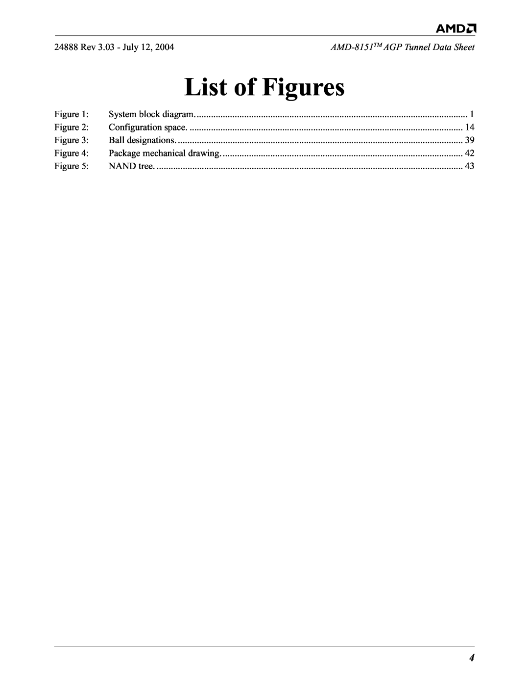 AMD List of Figures, AMD-8151TM AGP Tunnel Data Sheet, System block diagram, Configuration space, Ball designations 