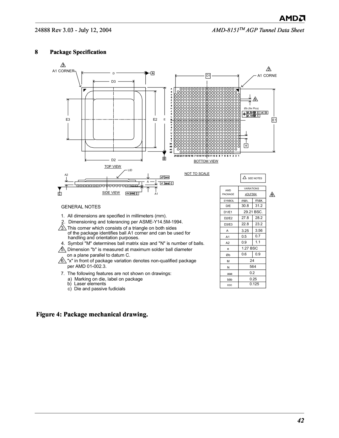 AMD specifications Package mechanical drawing, Rev 3.03 - July, 8Package Specification, AMD-8151TM AGP Tunnel Data Sheet 