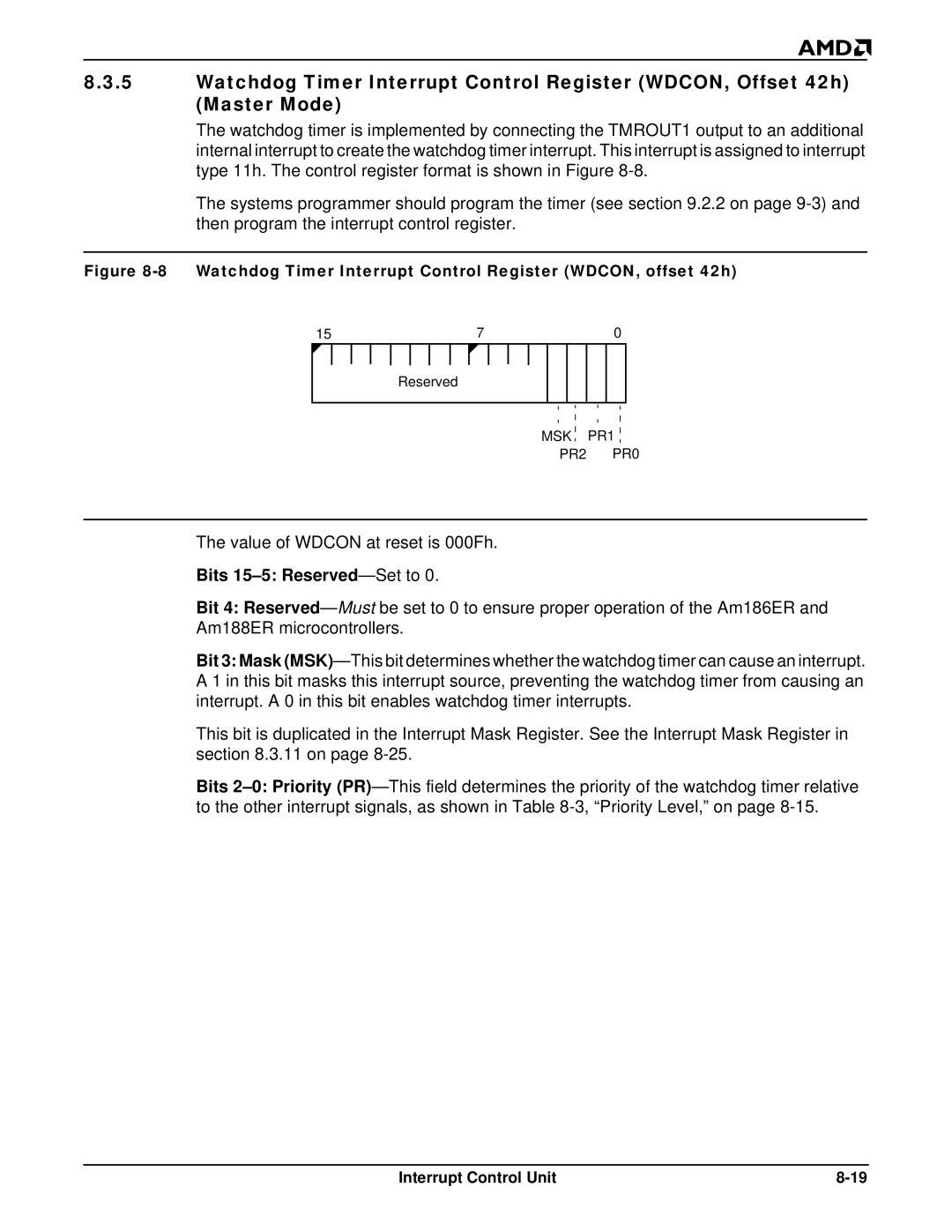 AMD Am188TMER, Am186TMER user manual Value of Wdcon at reset is 000Fh 