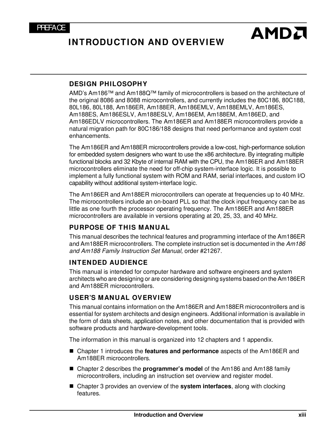 AMD Am188TMER, Am186TMER user manual Introduction and Overview, Design Philosophy, Purpose of this Manual, Intended Audience 