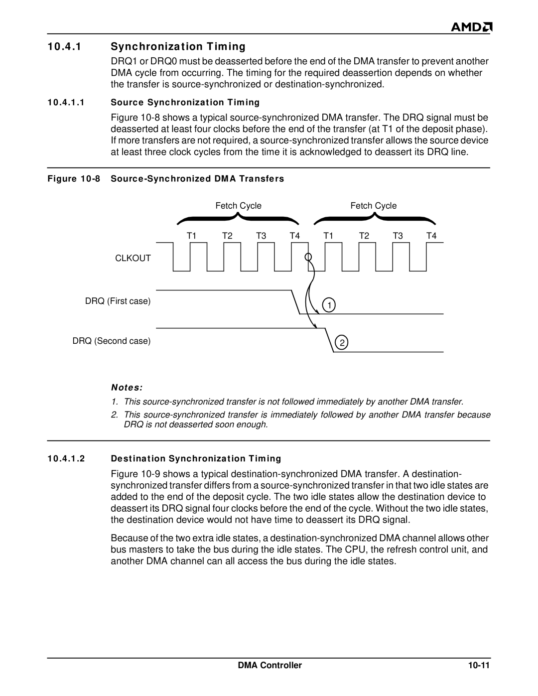 AMD Am188TMER, Am186TMER Source Synchronization Timing, Destination Synchronization Timing, DMA Controller 10-11 