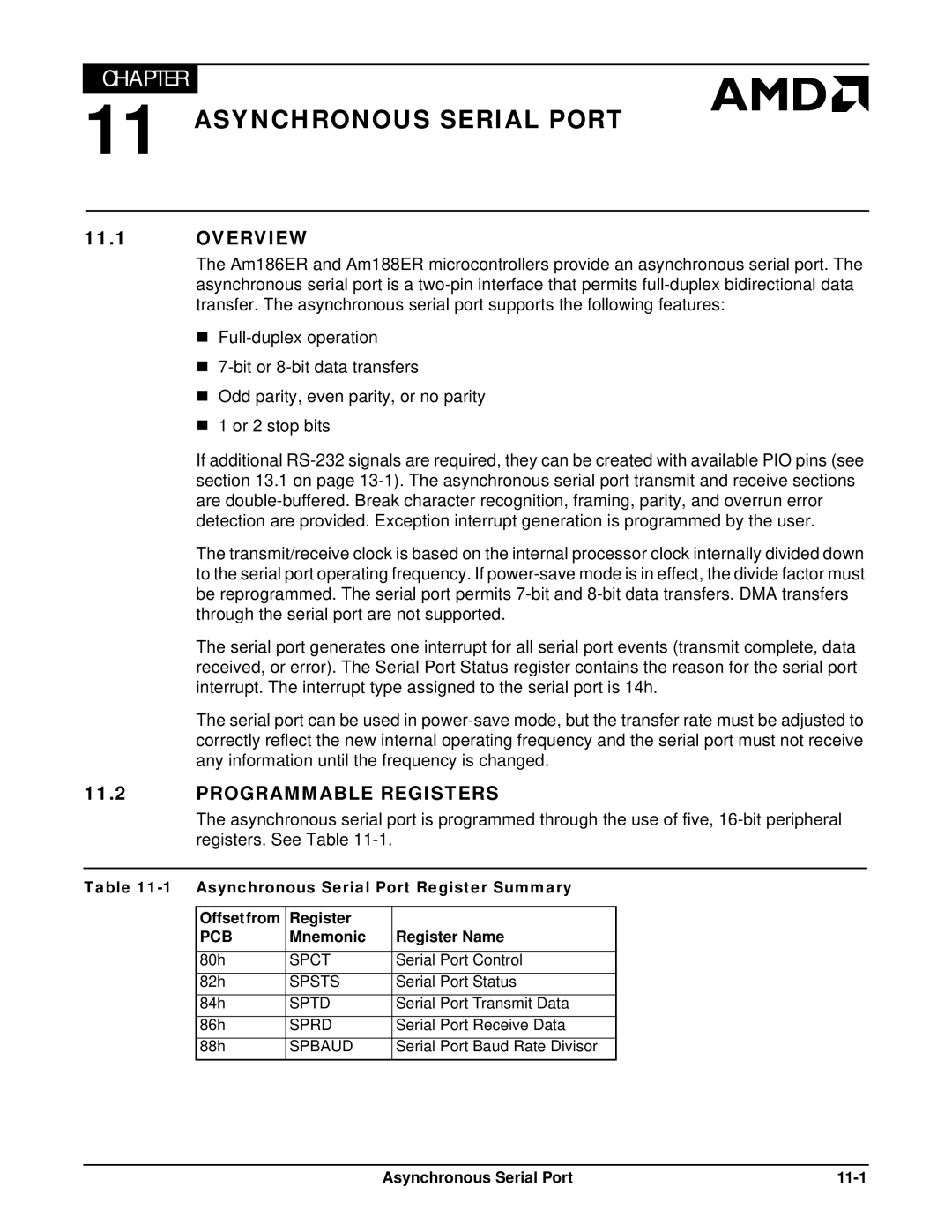 AMD Am188TMER, Am186TMER user manual Asynchronous Serial Port Register Summary Offsetfrom, Asynchronous Serial Port 11-1 