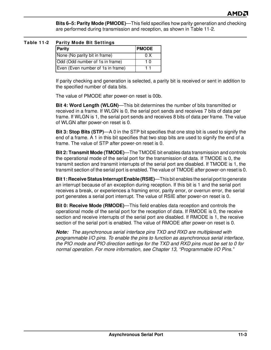 AMD Am188TMER, Am186TMER user manual Parity Mode Bit Settings, Asynchronous Serial Port 11-3 