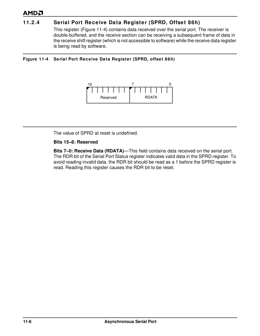 AMD Am186TMER, Am188TMER user manual Serial Port Receive Data Register SPRD, Offset 86h, Asynchronous Serial Port 