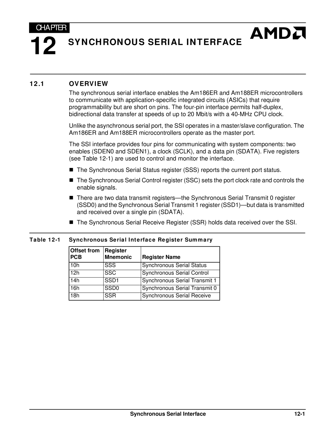 AMD Am188TMER, Am186TMER Synchronous Serial Interface Register Summary Offset from, Synchronous Serial Interface 12-1 