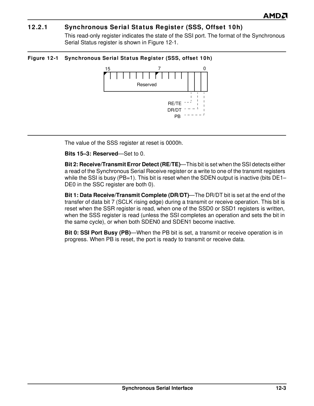 AMD Am188TMER, Am186TMER user manual Synchronous Serial Status Register SSS, Offset 10h, Synchronous Serial Interface 12-3 