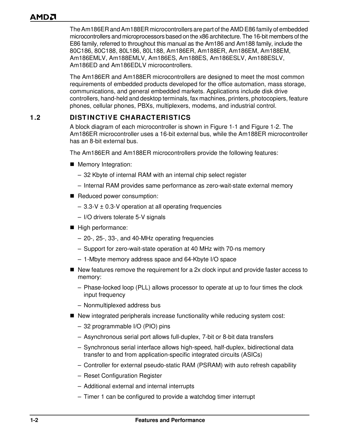 AMD Am186TMER, Am188TMER user manual Distinctive Characteristics 