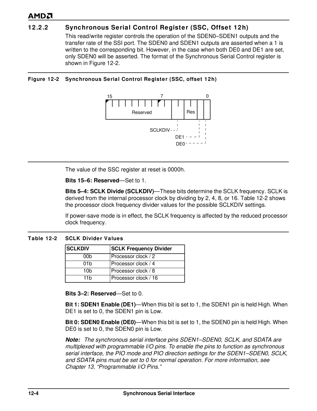 AMD Am186TMER Synchronous Serial Control Register SSC, Offset 12h, Bits 15-6 Reserved -Set to, Bits 3-2 Reserved -Set to 