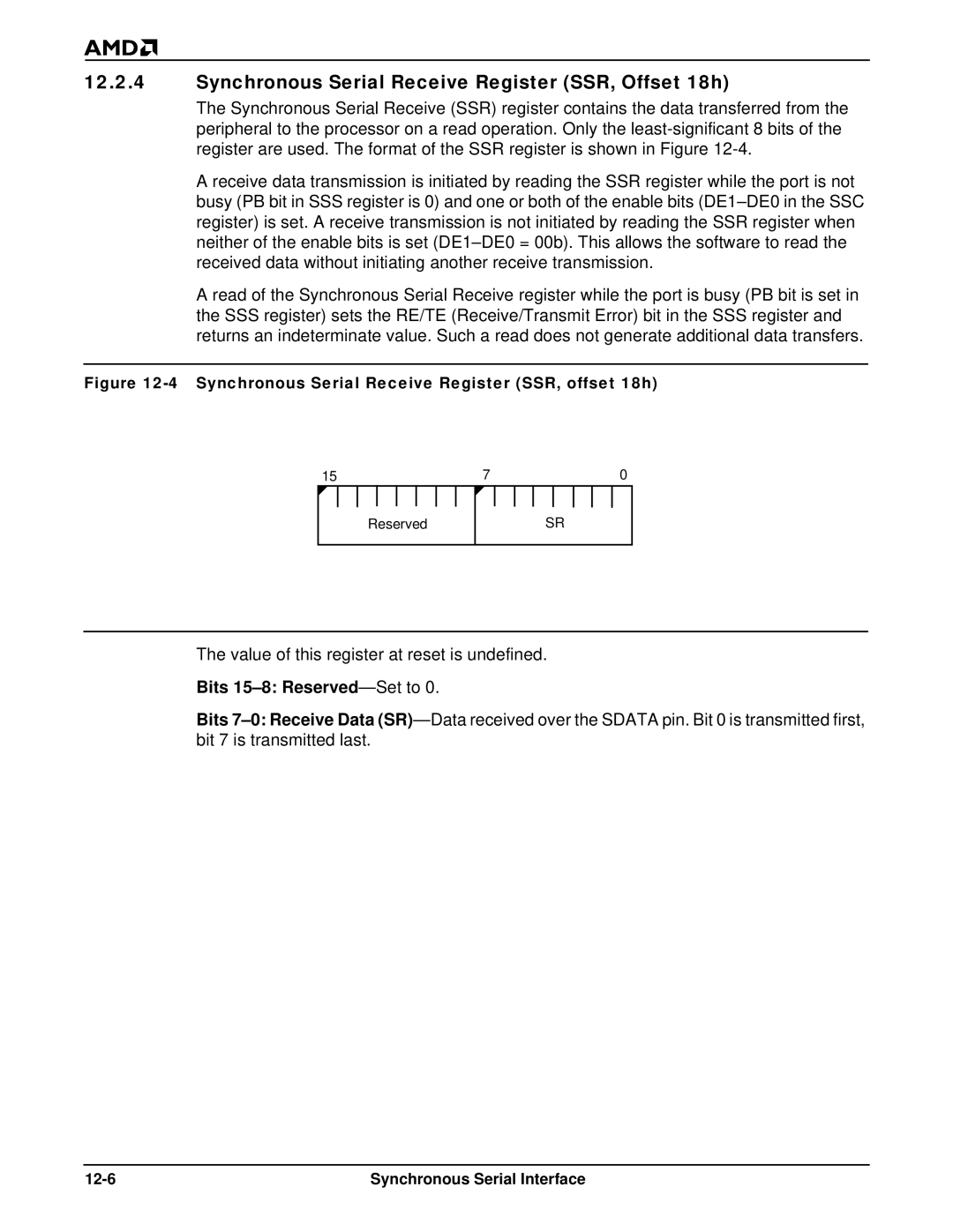 AMD Am186TMER, Am188TMER user manual Synchronous Serial Receive Register SSR, Offset 18h, Synchronous Serial Interface 