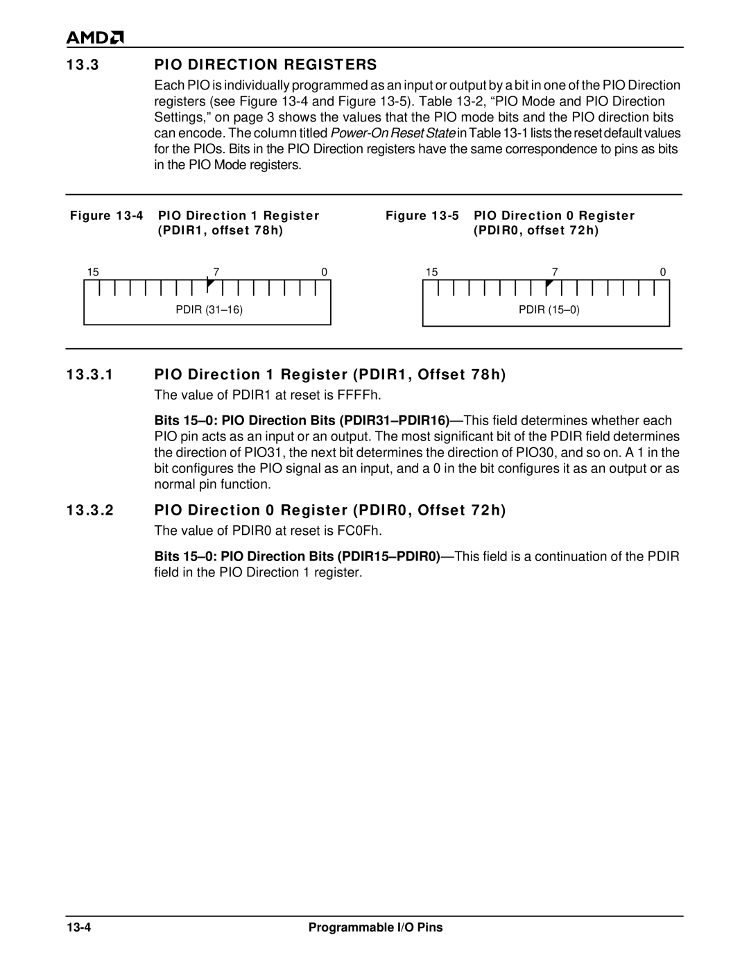 AMD Am186TMER, Am188TMER user manual PIO Direction Registers, PIO Direction 1 Register PDIR1, Offset 78h, 13-4 