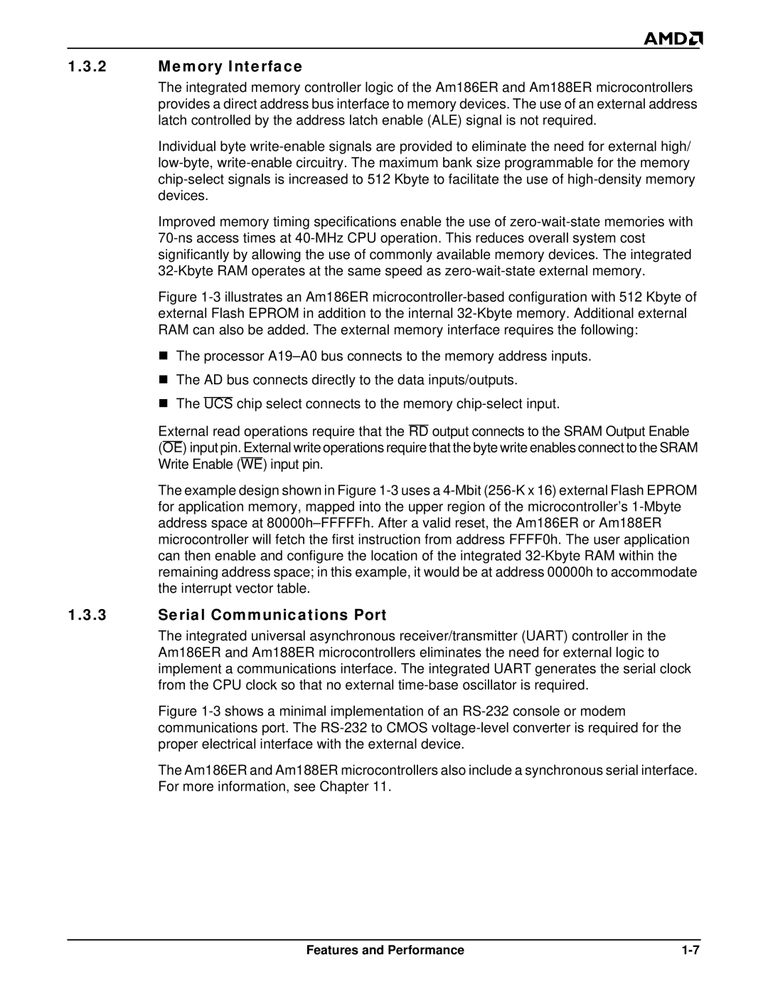 AMD Am188TMER, Am186TMER user manual Memory Interface, Serial Communications Port 