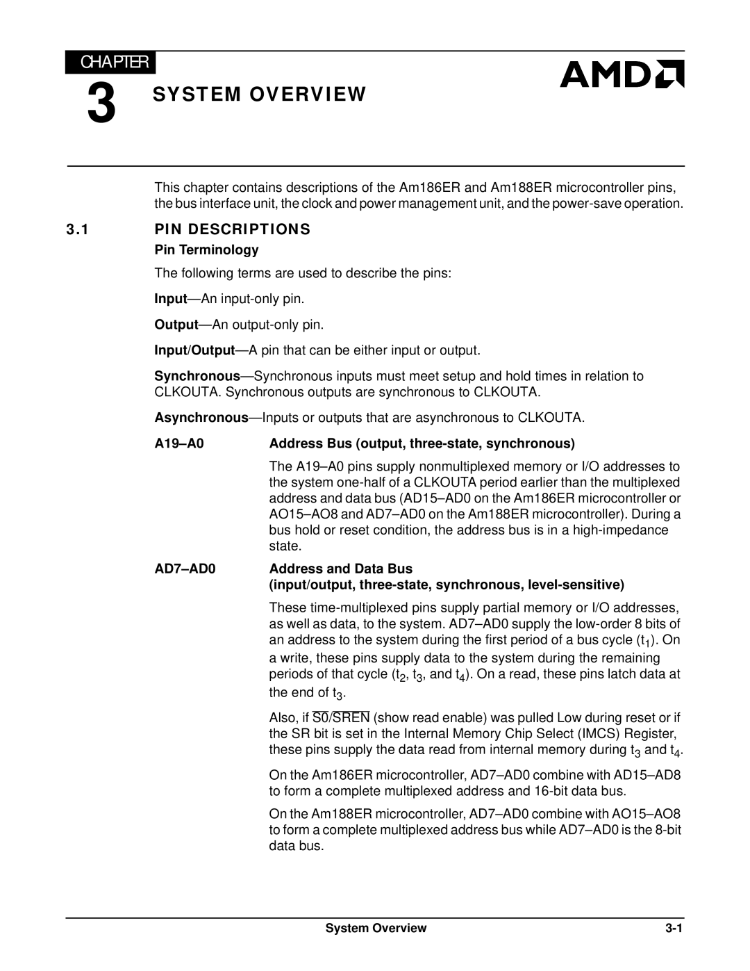 AMD Am188TMER System Overview, PIN Descriptions, Pin Terminology, A19-A0 Address Bus output, three-state, synchronous 