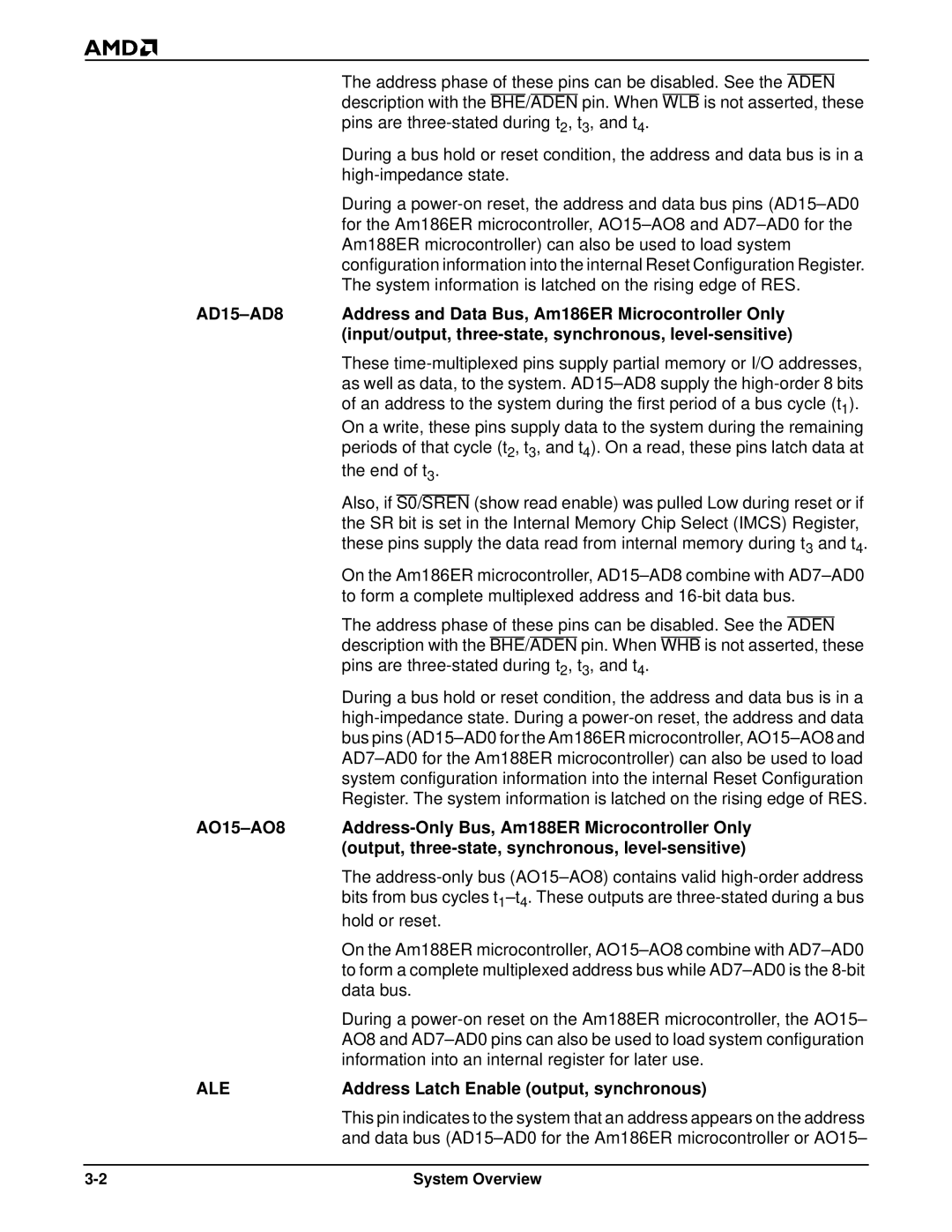 AMD Am186TMER, Am188TMER user manual Aden, Address Latch Enable output, synchronous 