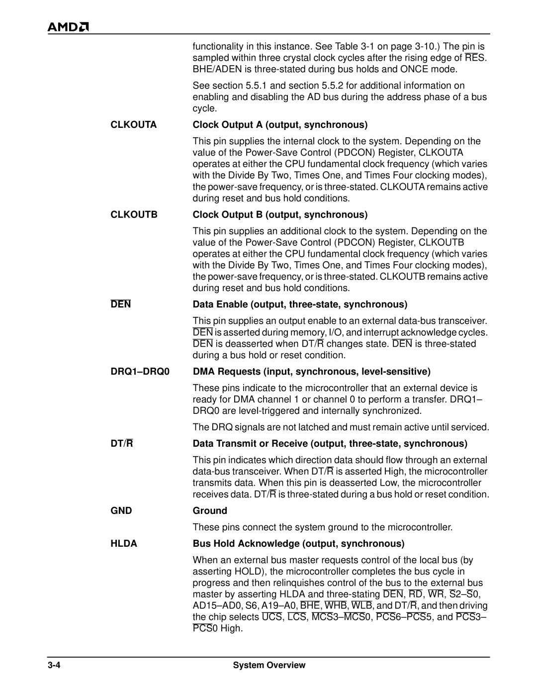 AMD Am186TMER, Am188TMER user manual Clock Output a output, synchronous, Clock Output B output, synchronous, Ground 