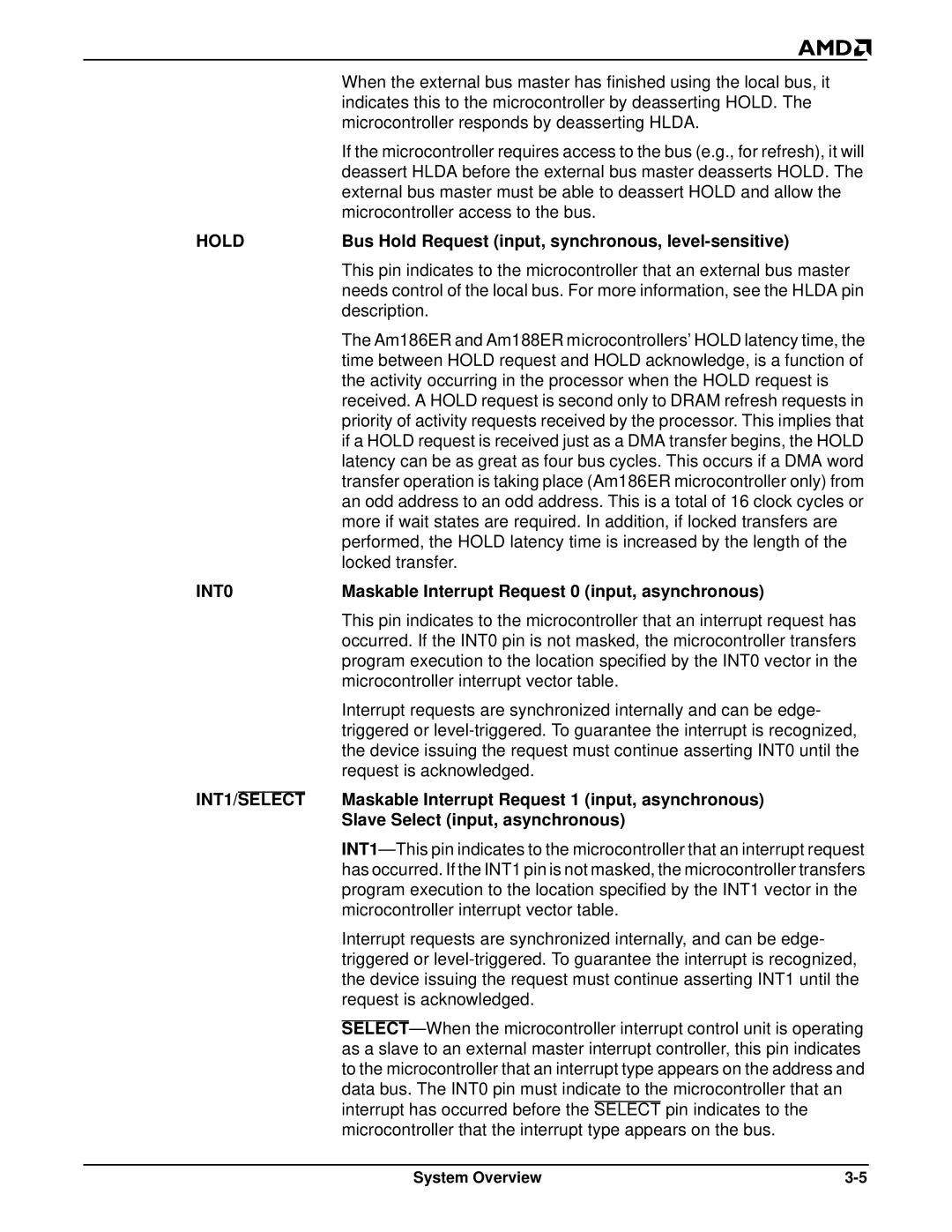 AMD Am188TMER Bus Hold Request input, synchronous, level-sensitive, Maskable Interrupt Request 0 input, asynchronous 