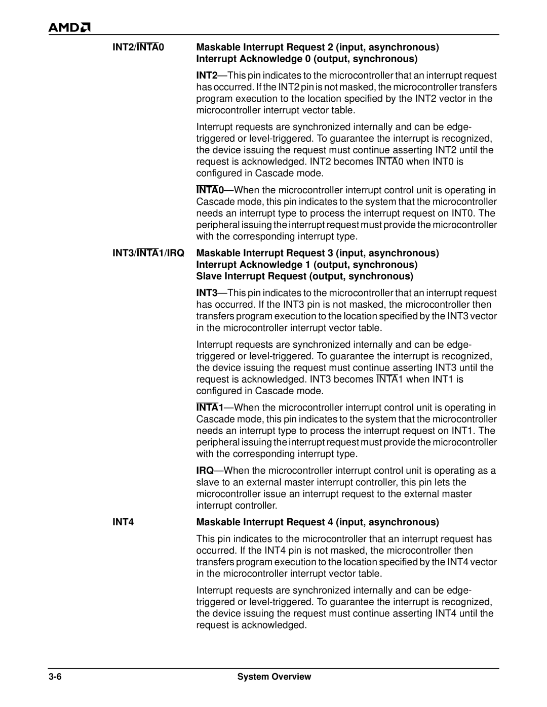 AMD Am186TMER, Am188TMER Maskable Interrupt Request 2 input, asynchronous, Interrupt Acknowledge 0 output, synchronous 