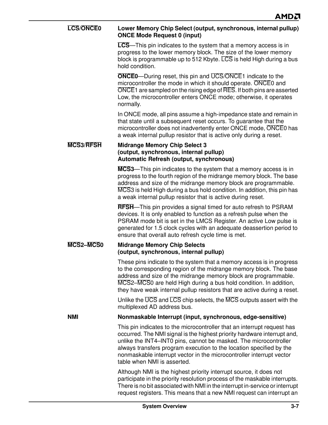 AMD Am188TMER, Am186TMER Once Mode Request 0 input, Midrange Memory Chip Select, Output, synchronous, internal pullup 