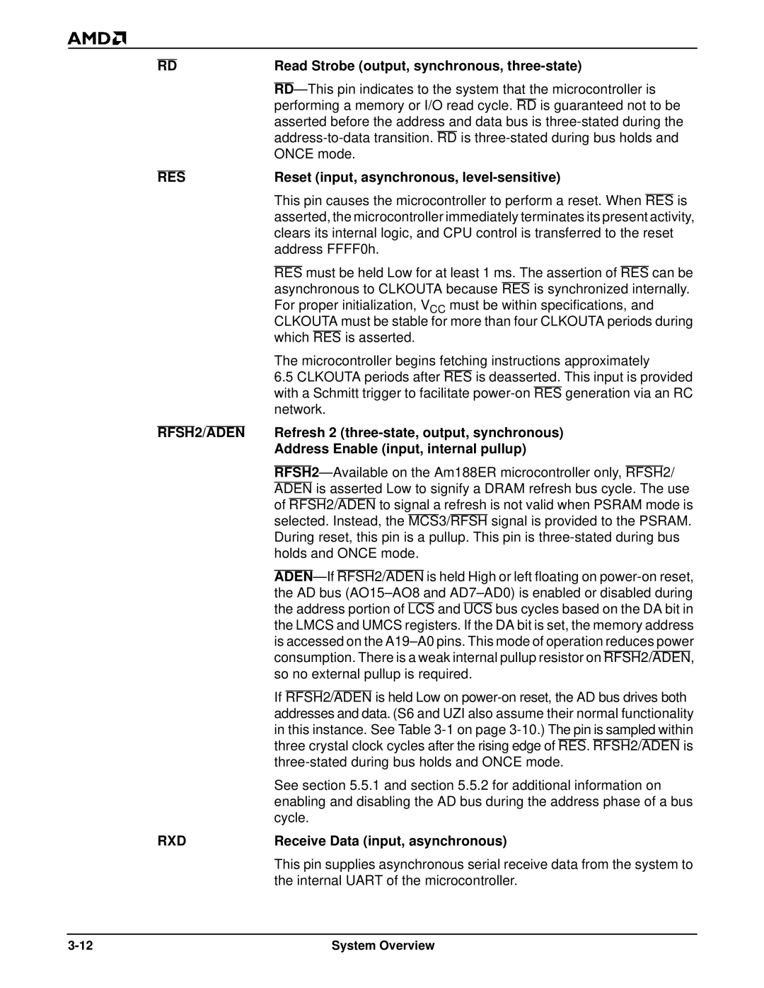 AMD Am186TMER, Am188TMER Read Strobe output, synchronous, three-state, Reset input, asynchronous, level-sensitive 